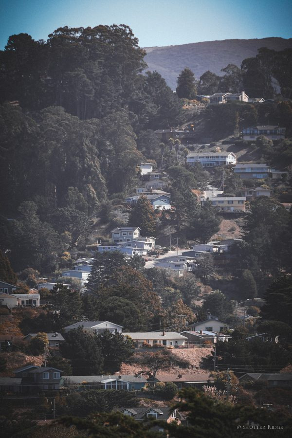Houses scattered across a wooded hillside beneath a ridge, black and white